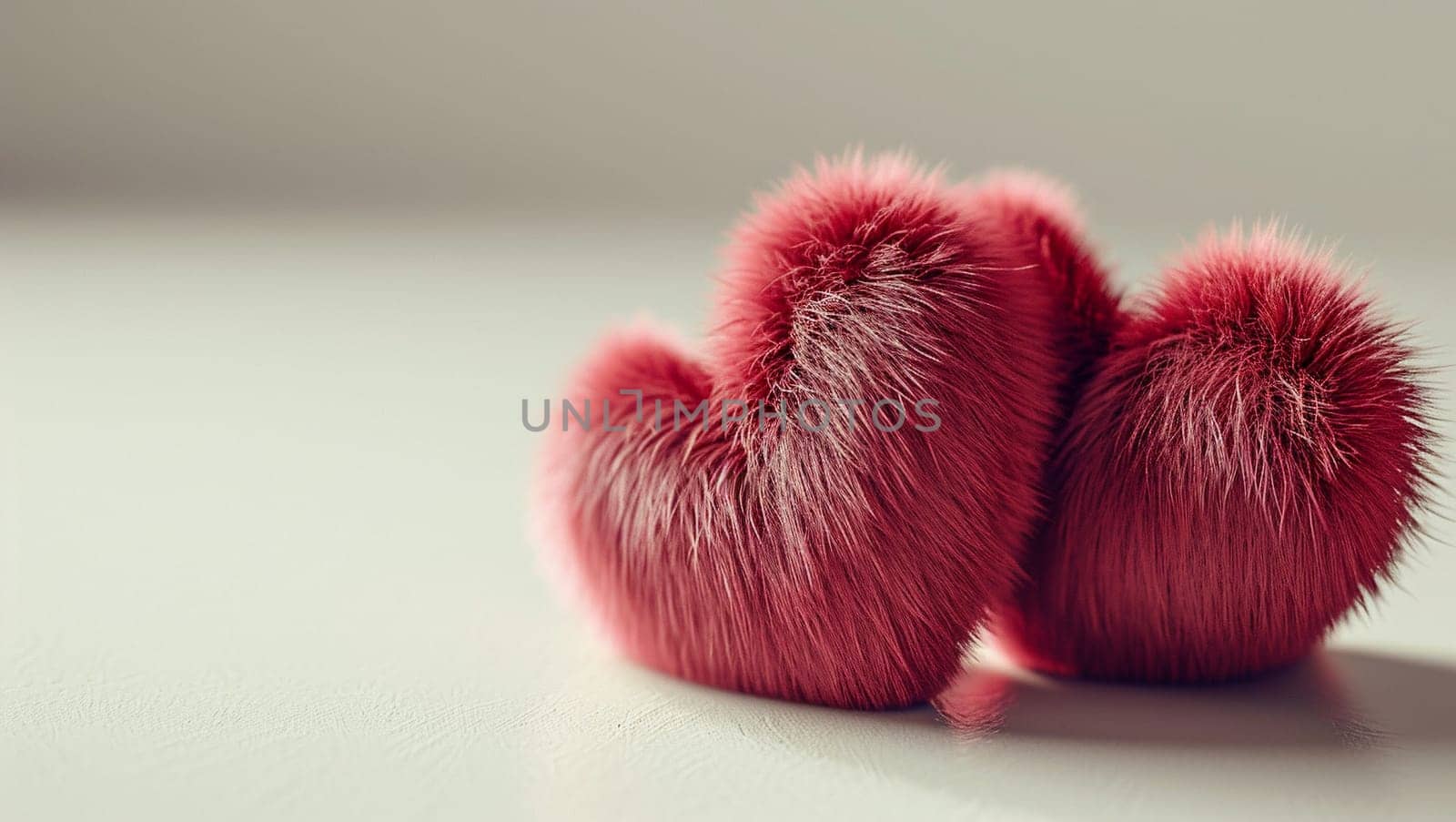 Several colorful fur hearts. Fur heart shapes on white background, denoting love and care. Valentine's Day and happiness. by Sneznyj