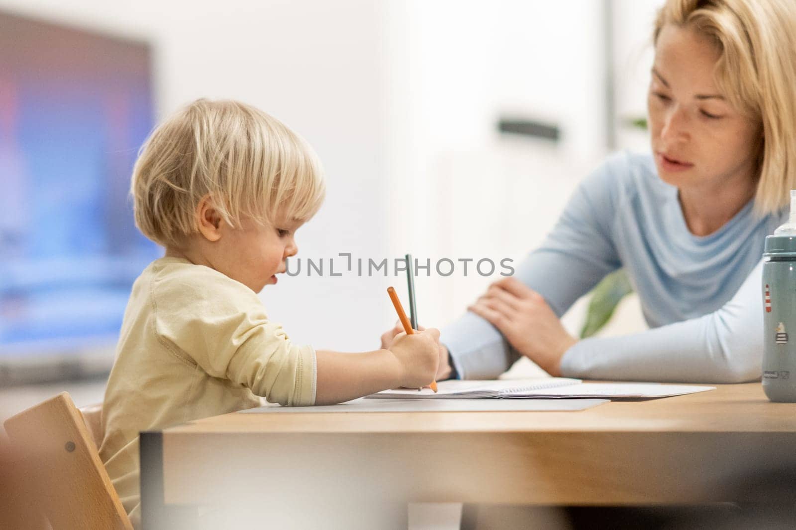 Caring young Caucasian mother and small son drawing painting in notebook at home together. Loving mom or nanny having fun learning and playing with her little 1,5 year old infant baby boy child