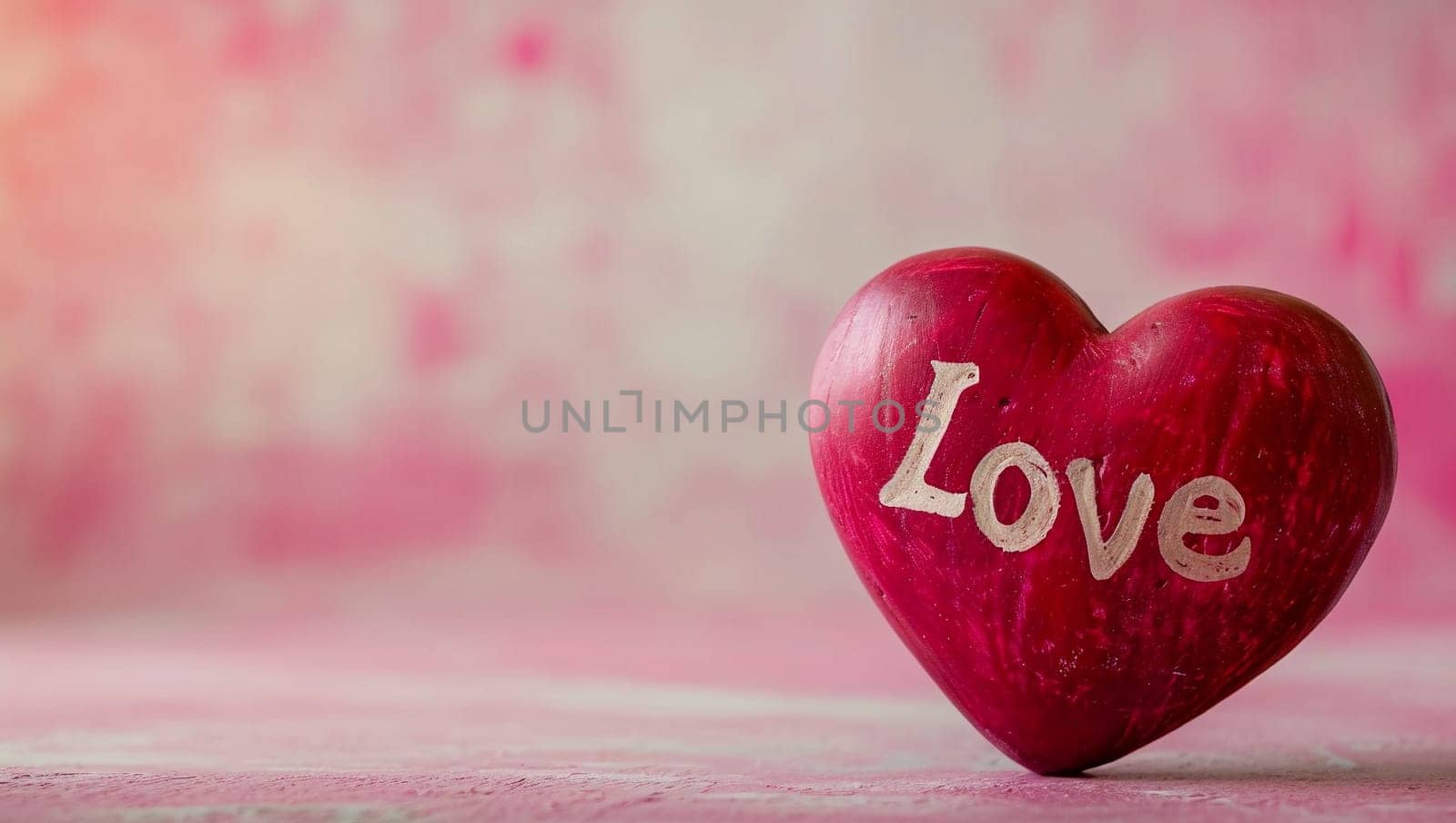 A red heart with the lyrics Love on it. Romantic image on pink background. Care and happiness, health. Valentine's Day. High quality photo