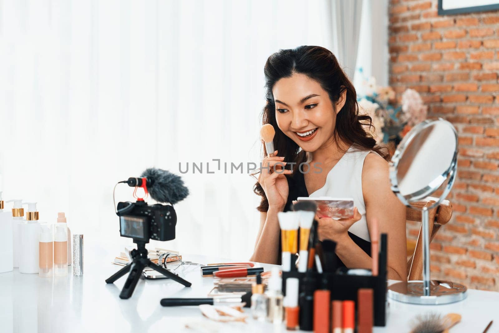 Woman influencer shoot live streaming vlog video review makeup uttermost social by biancoblue