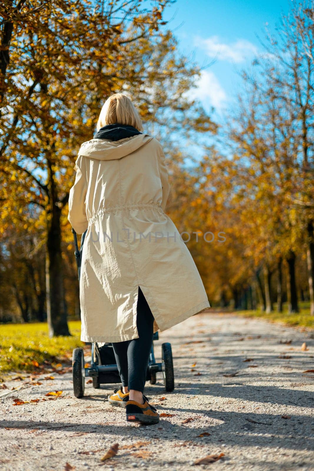 Young beautiful mother wearing a rain coat pushing stroller with her little baby boy child, walking in city park on a sunny autumn day.