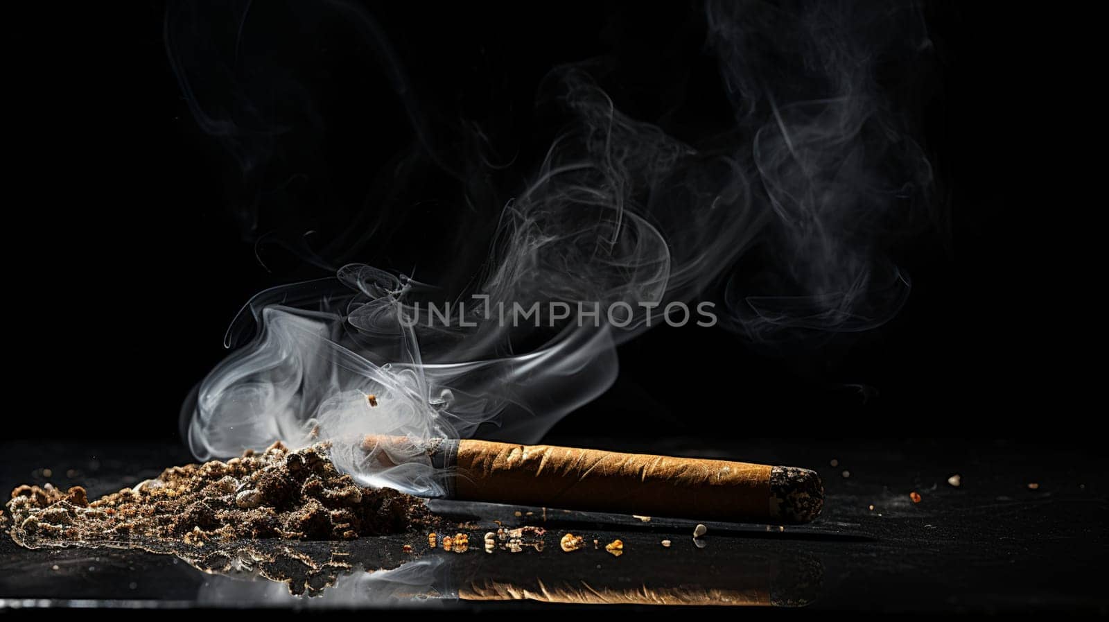 Cigarette ashes with skull.Tobacco cigarette butt on black background.World No Tobacco Day Concept Stop Smoking. High quality photo