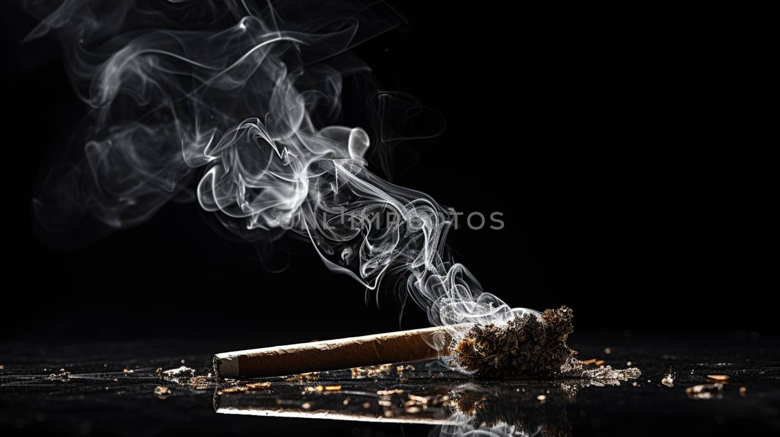 Cigarette ashes with skull.Tobacco cigarette butt on black background.World No Tobacco Day Concept Stop Smoking. High quality photo