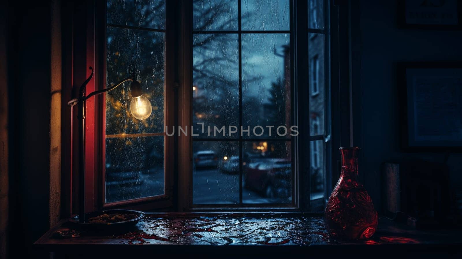 Rain drop reflect at night. Rain drops on car window with road light bokeh, City life in night in rainy season abstract background,water drop on the glass, night storm raining car driving concept. High quality photo