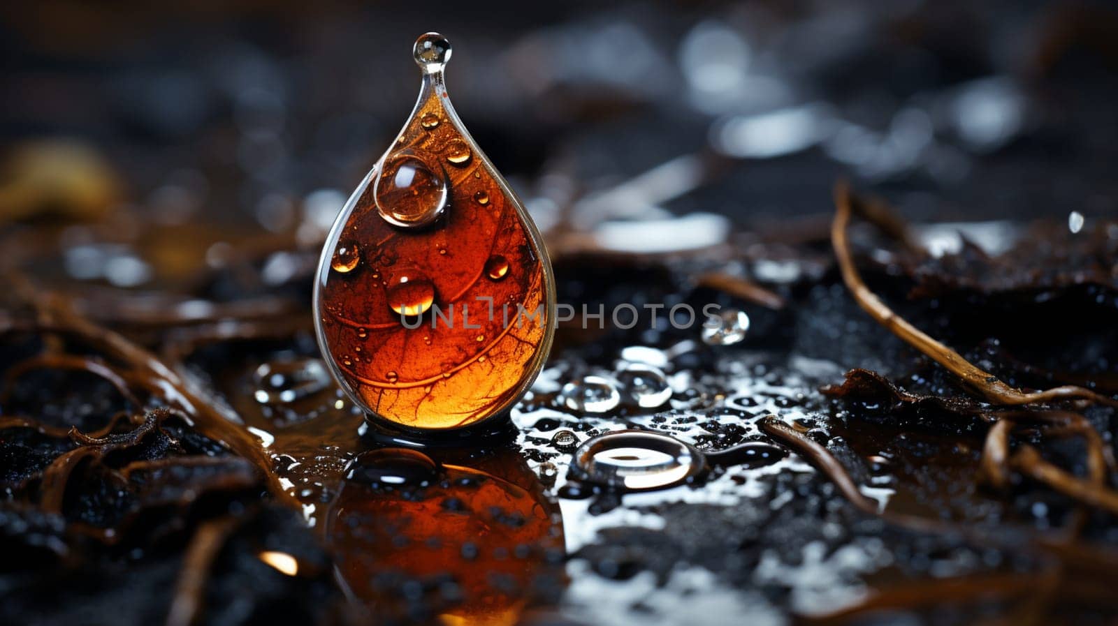 Raindrops on a glossy surface suspended by neon light. The lights of the city at night in puddles on the pavement. Dark abstract background, blur bokeh. dark background, reflection of raindrops. High quality photo