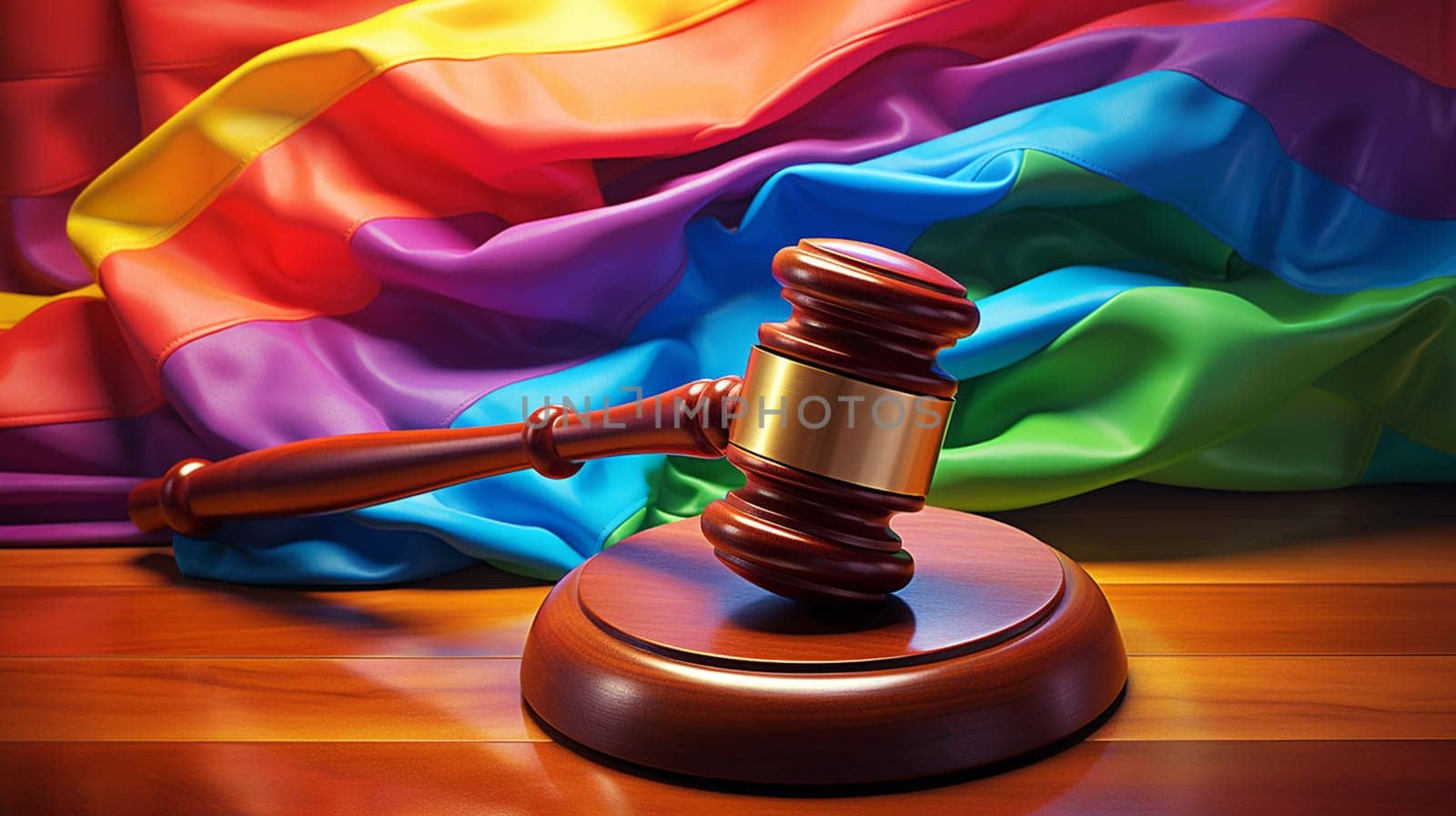 Lgbtq laws, lawsuit and legislation concept with a wooden judge gavel and lgbt pride rainbow flag colors on background 3D illustration. by Andelov13
