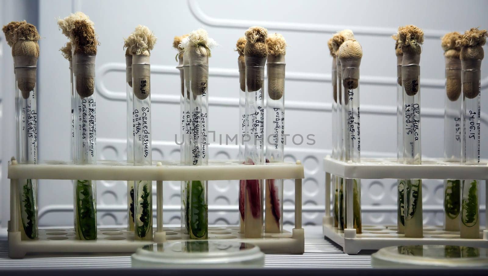 Green fresh plant in a glass test tube in the laboratory in the refrigerator. Genetically modified plants in a real laboratory.