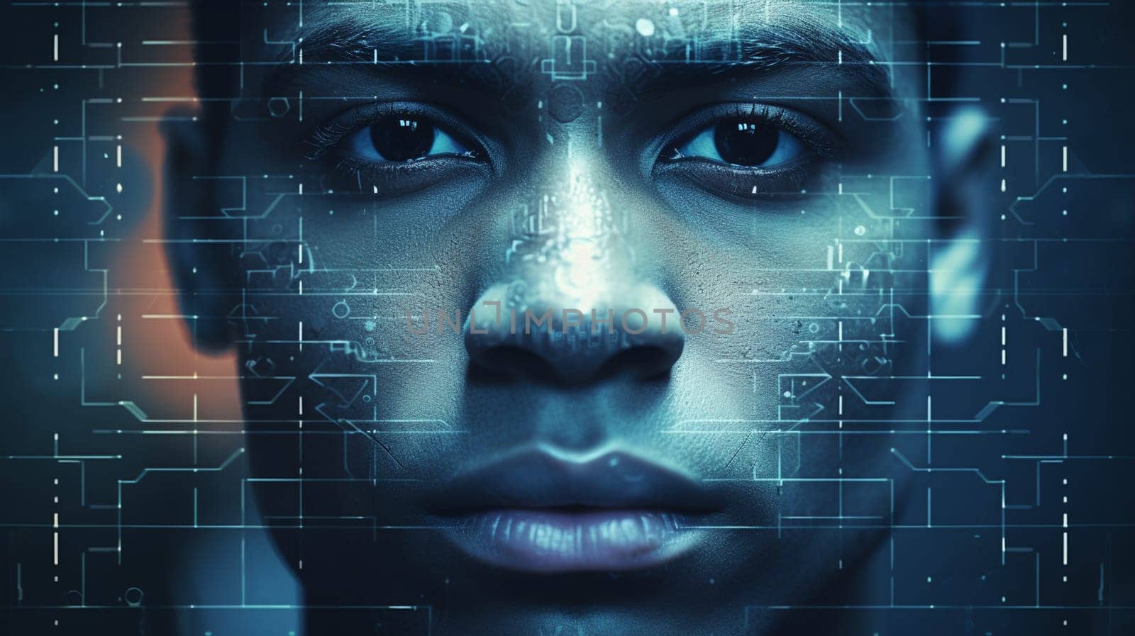 Computer graphics diagram of an artificial intelligence processor with a female face that is clasped in the hands of a man. The concept of the future of mankind in modern technologies. High quality photo