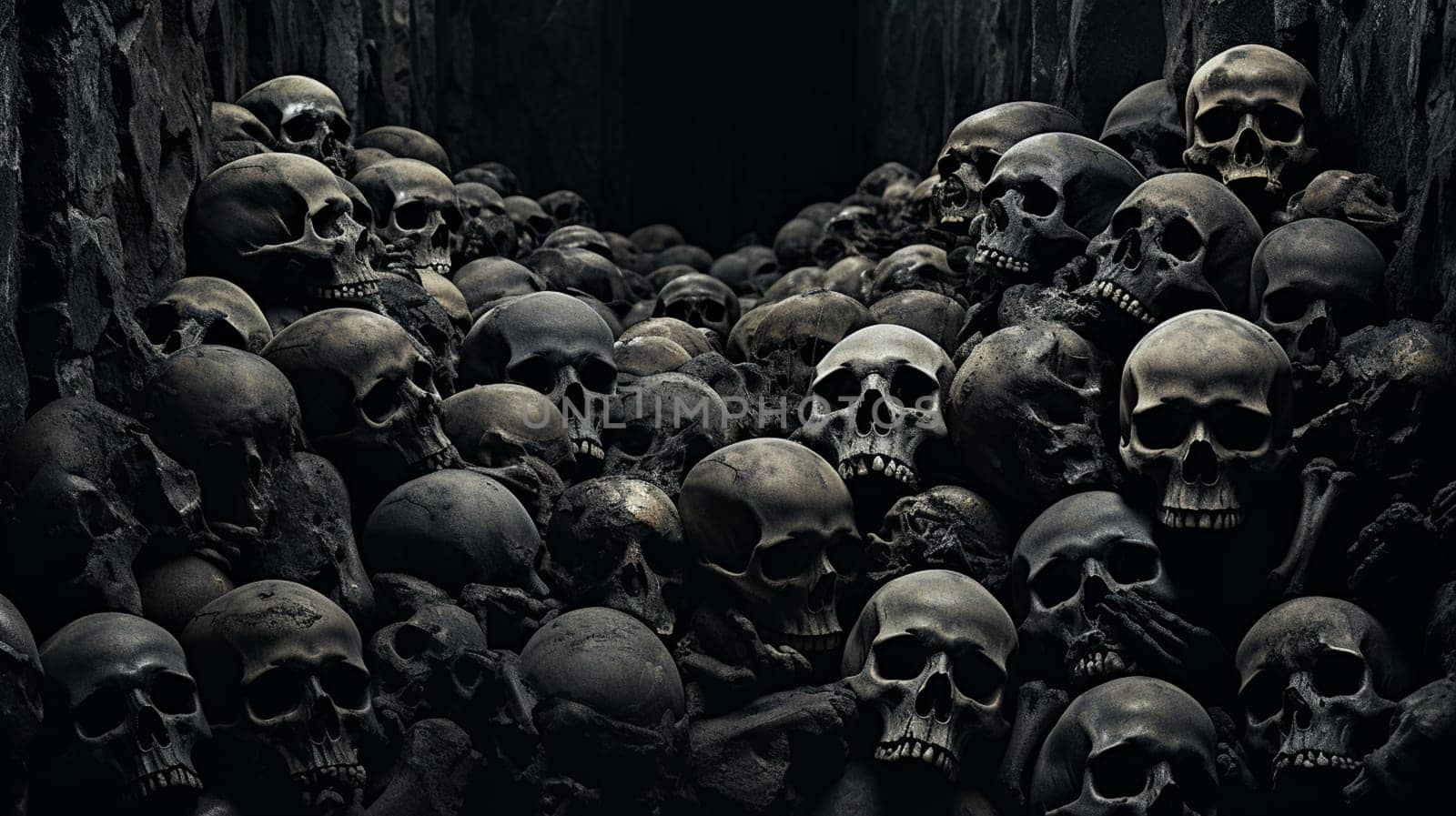 Awesome pile of skull human and bone on black cloth background, concept of scary crime scene of horror or thriller movies,Halloween theme, Still Life style, selective focus,. High quality photo