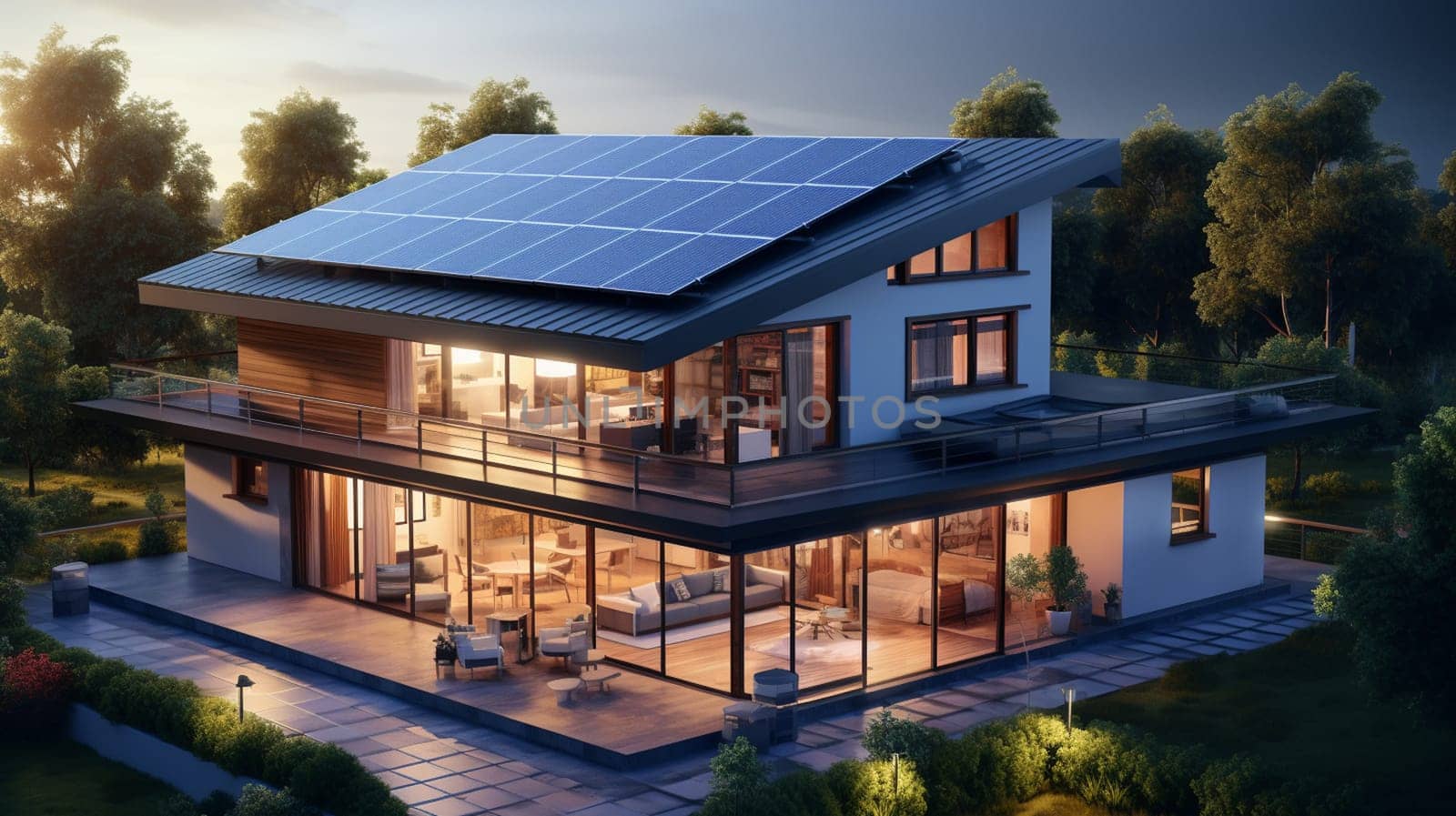 Solar panels on the roof of the house. 3D rendering. by Andelov13