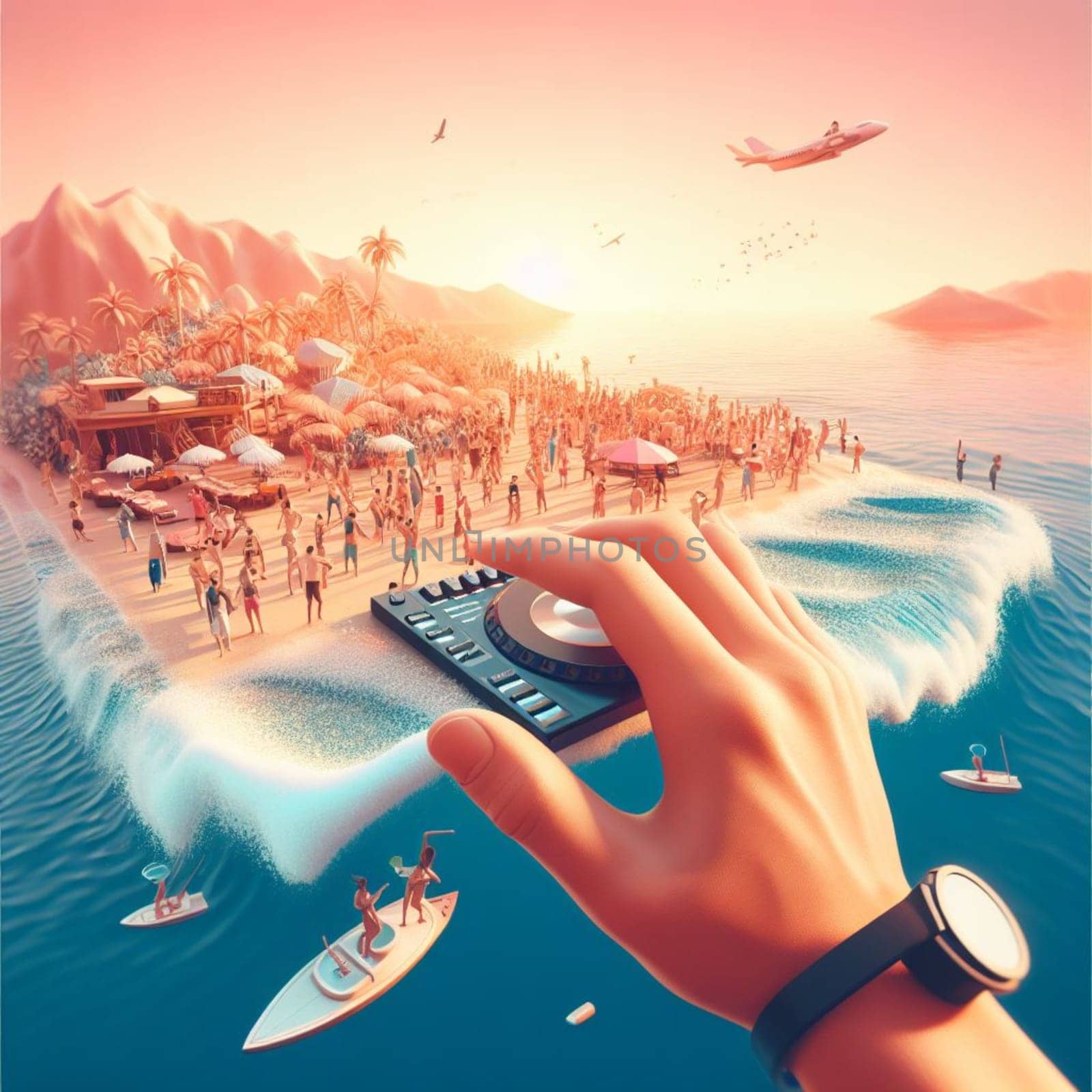 young deejay, wear glasses earphone hosting dj set at crowded beach party tropical island isometric ai generative ai art