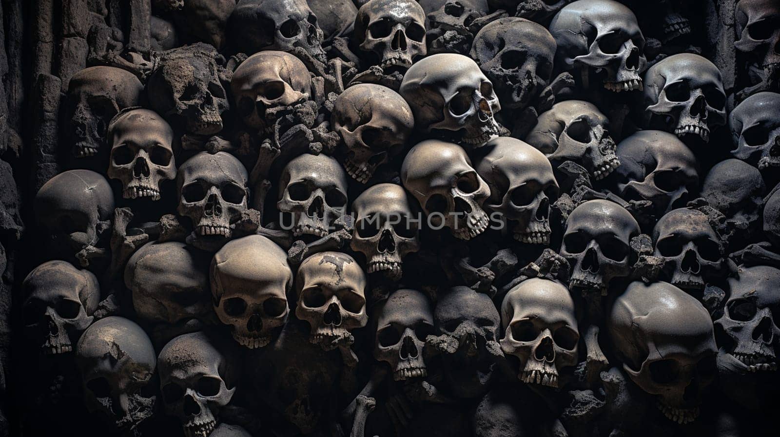 Awesome pile of skull human and bone on black cloth background, concept of scary crime scene of horror or thriller movies,Halloween theme, Still Life style, selective focus,. High quality photo