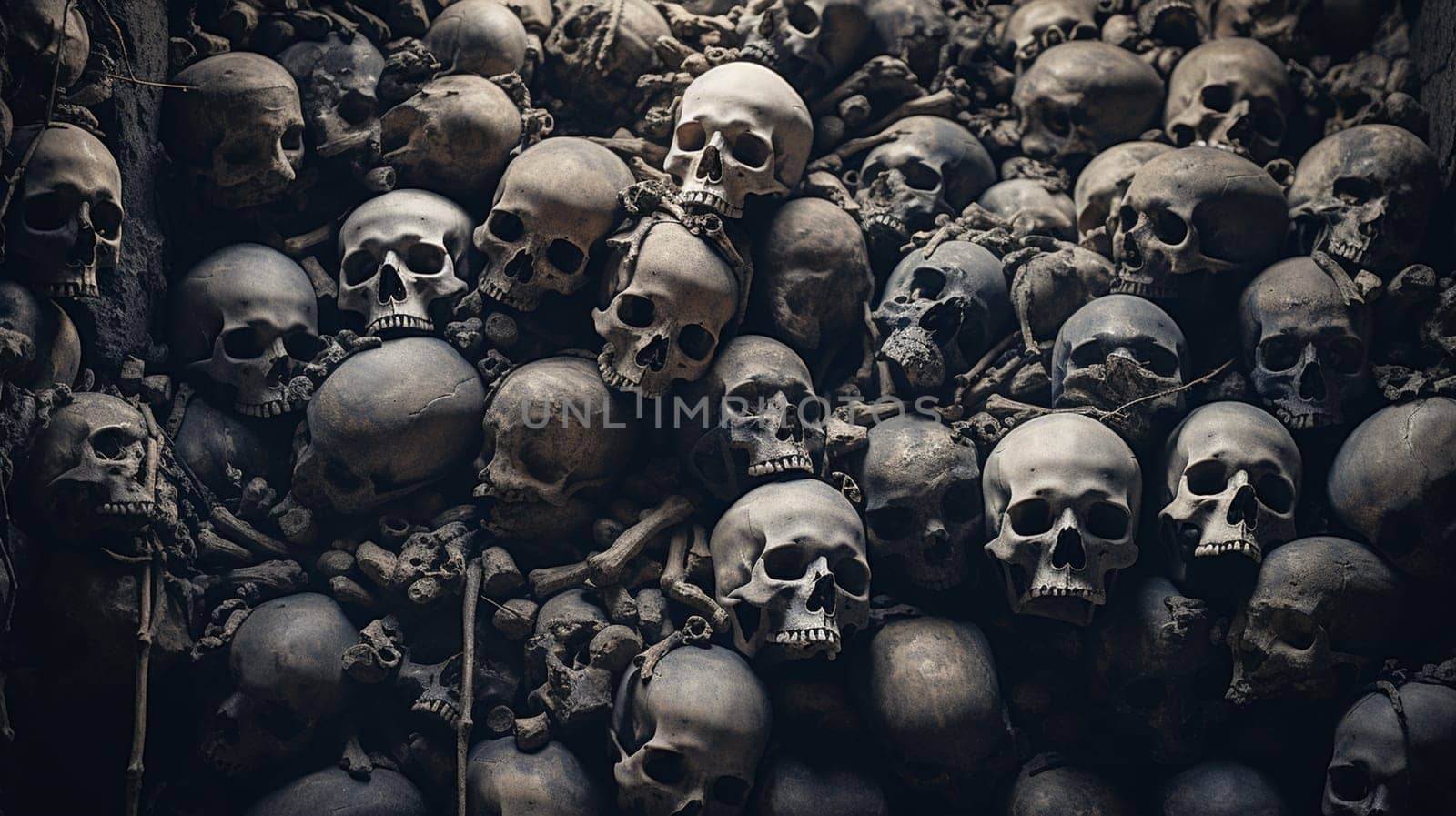 Awesome pile of skull human and bone on black cloth background, concept of scary crime scene of horror or thriller movies,Halloween theme, Still Life style, selective focus,. High quality photo