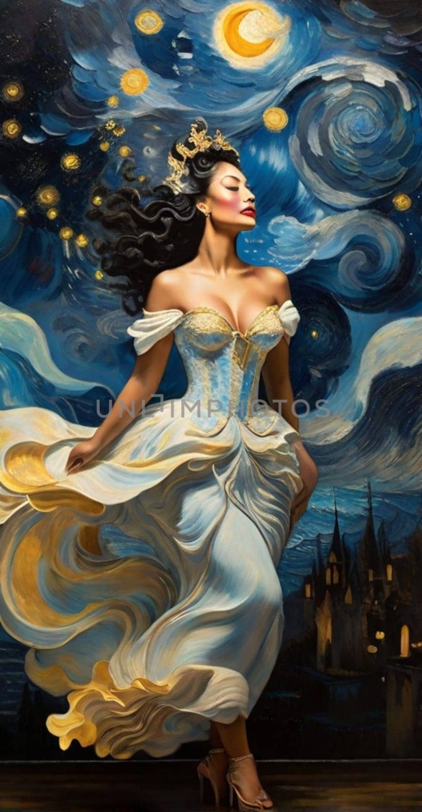 Dreamlike scene blending the swirling impressionist sky, europa village on the background, a carved fantastical female voluptous creature in elegant gala party dress, curly hairstyle, ai art generated