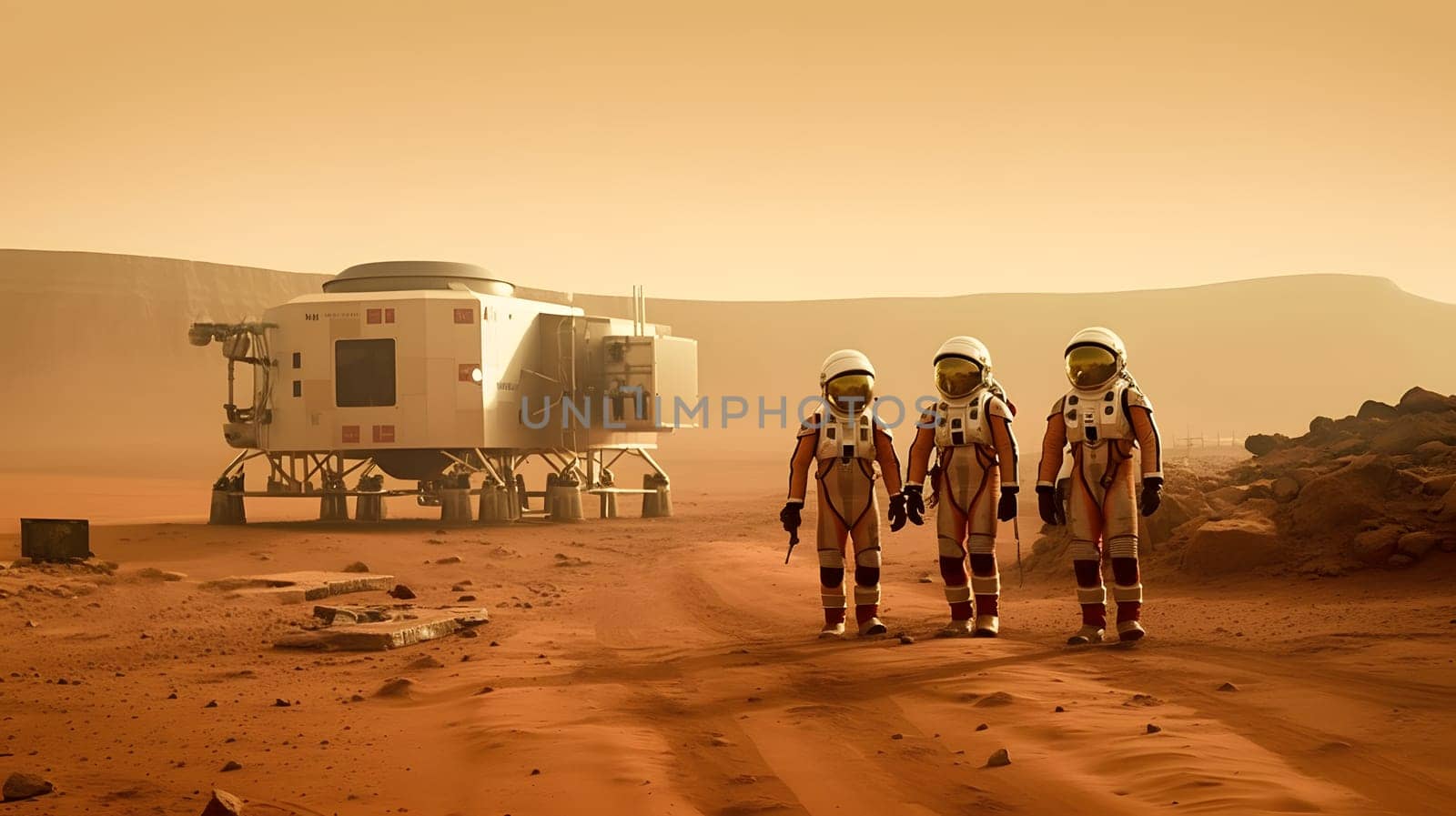 astronauts next to residential unit on Mars, generative AI. High quality photo
