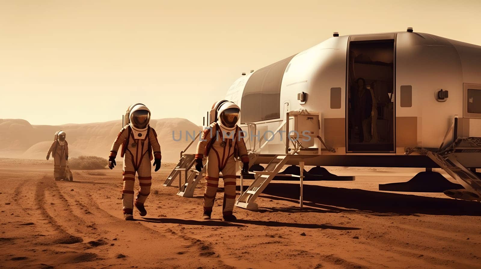 astronauts next to residential unit on Mars, generative AI. High quality photo