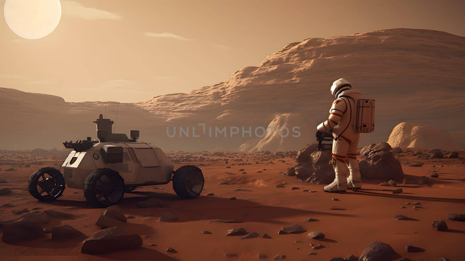 astronaut with rover on Mars, generative AI by Chechotkin