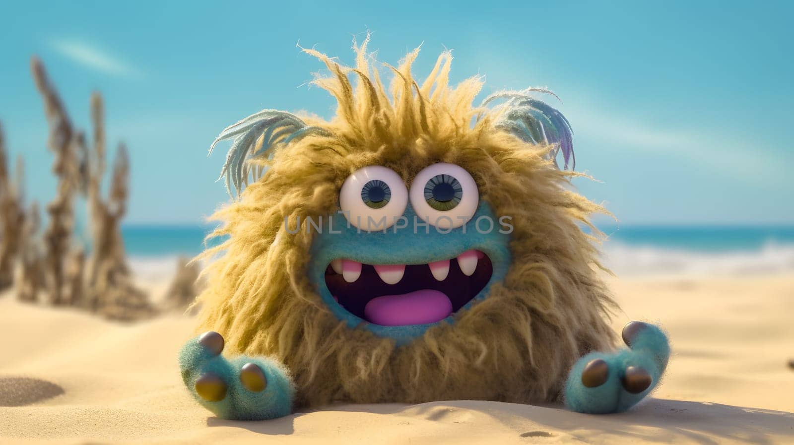 fluffy happy monster on the beach, generative AI. High quality photo