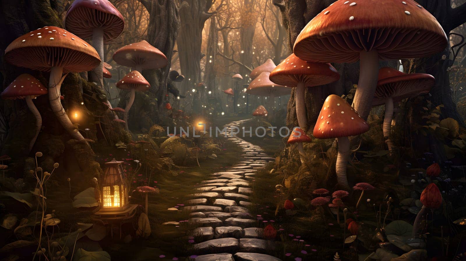 fairytale night forest with glowing giant mushrooms, generative ai. High quality photo