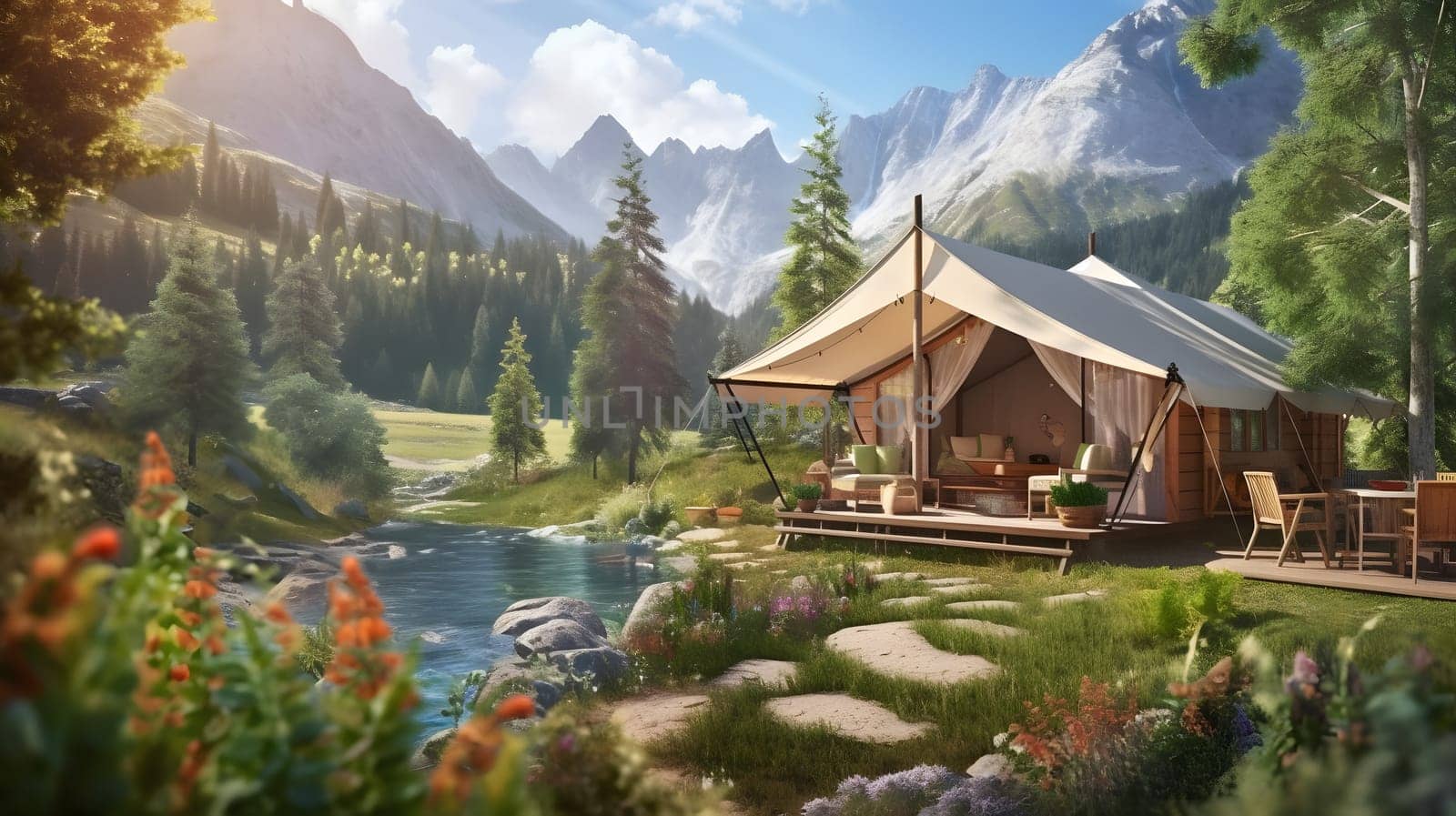 fancy camping tent between mountains, generative ai. High quality photo