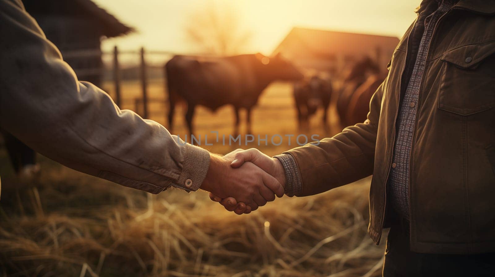 Close up of Handshake of two farmers against the background with grazing brown cows, at sunset.