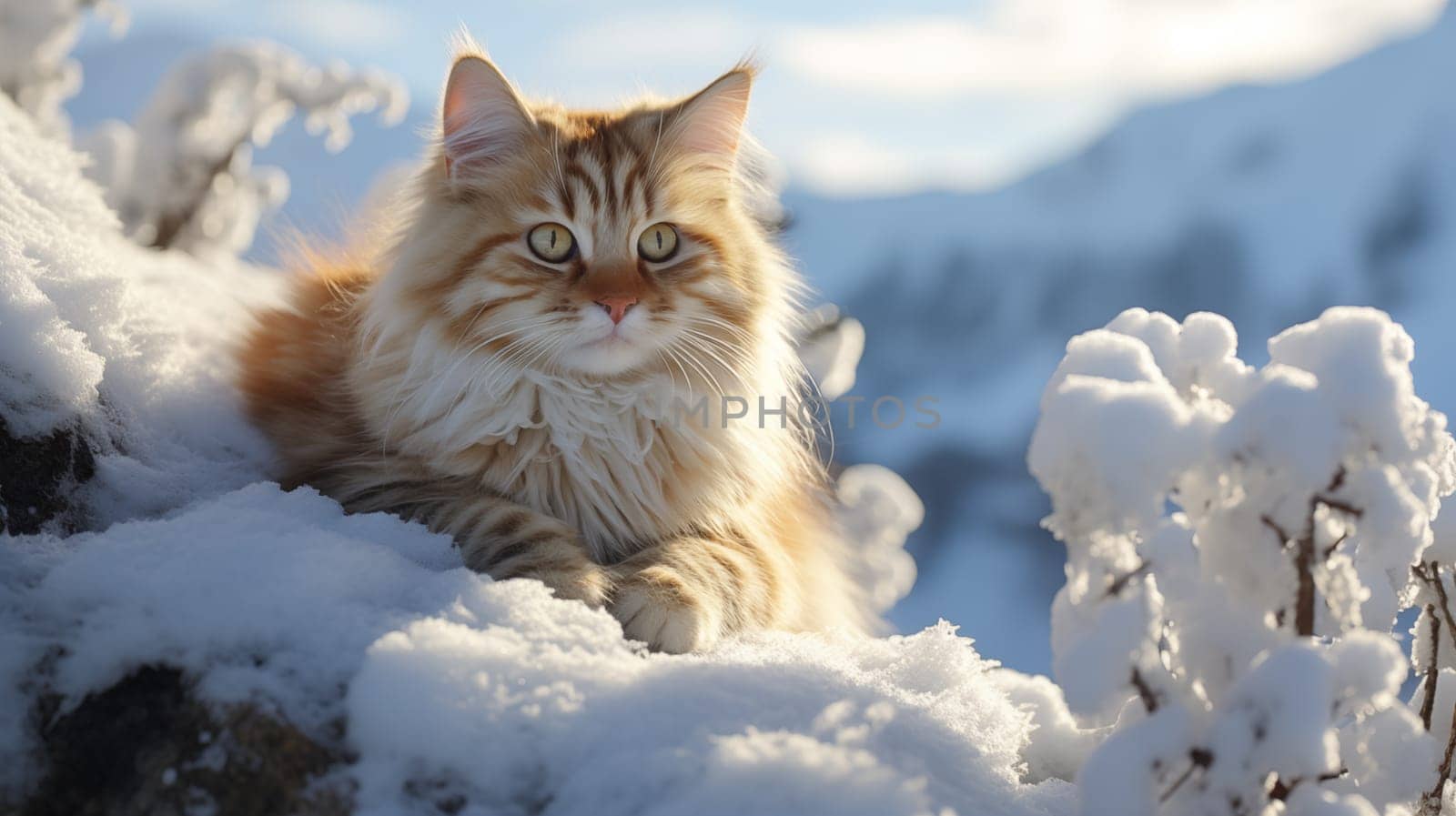 Adorable ginger fluffy cat, lie on snow, in beautiful winter landscape by Zakharova