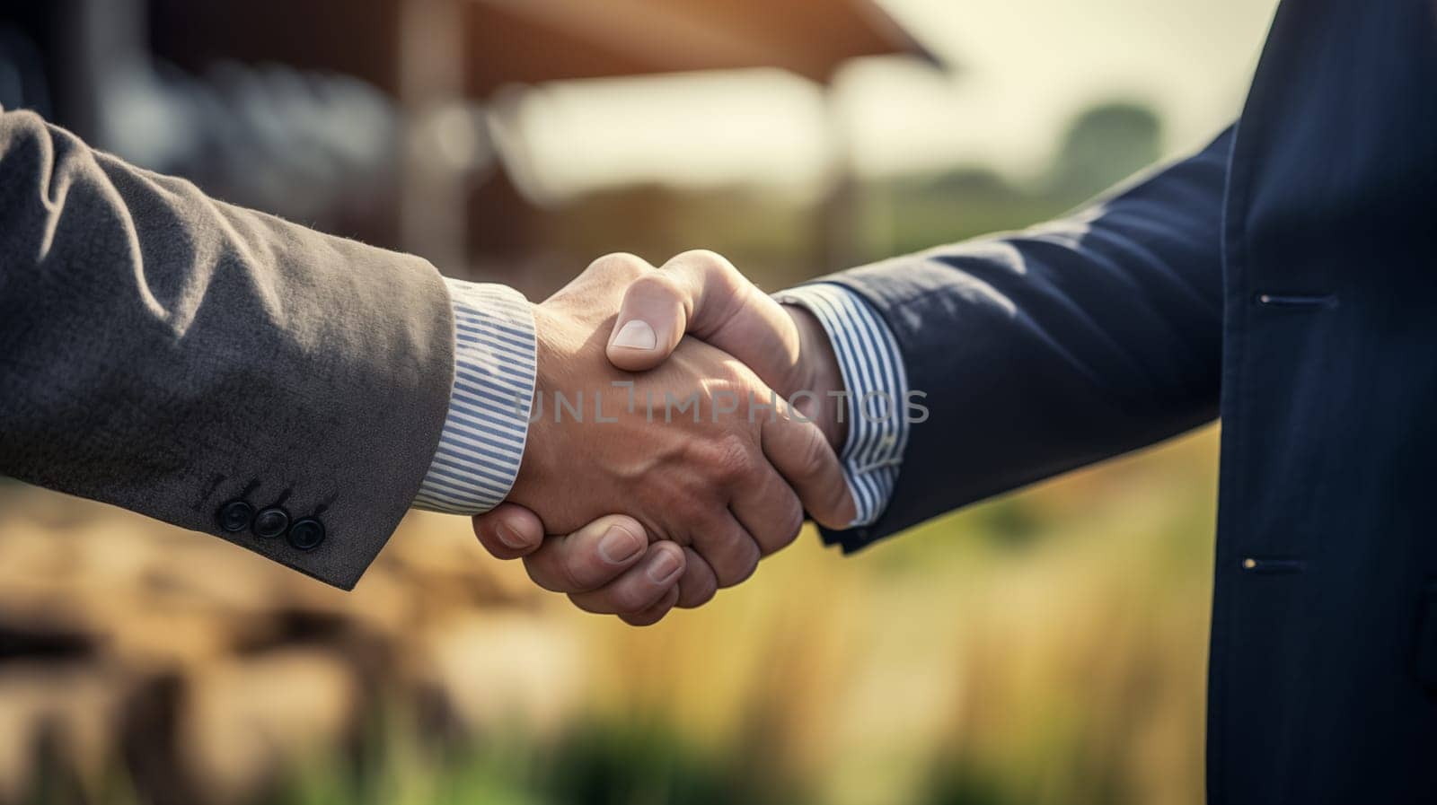 Handshake of two men in suit against the background of a farm.