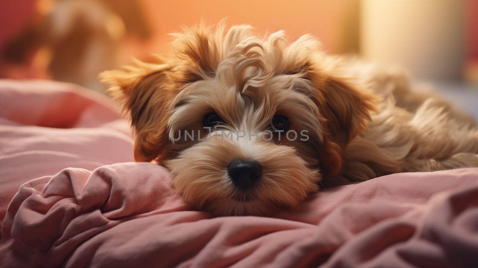 Calm ginger terrier puppy lying on a pink cozy blanket, at bedroom, warm light.