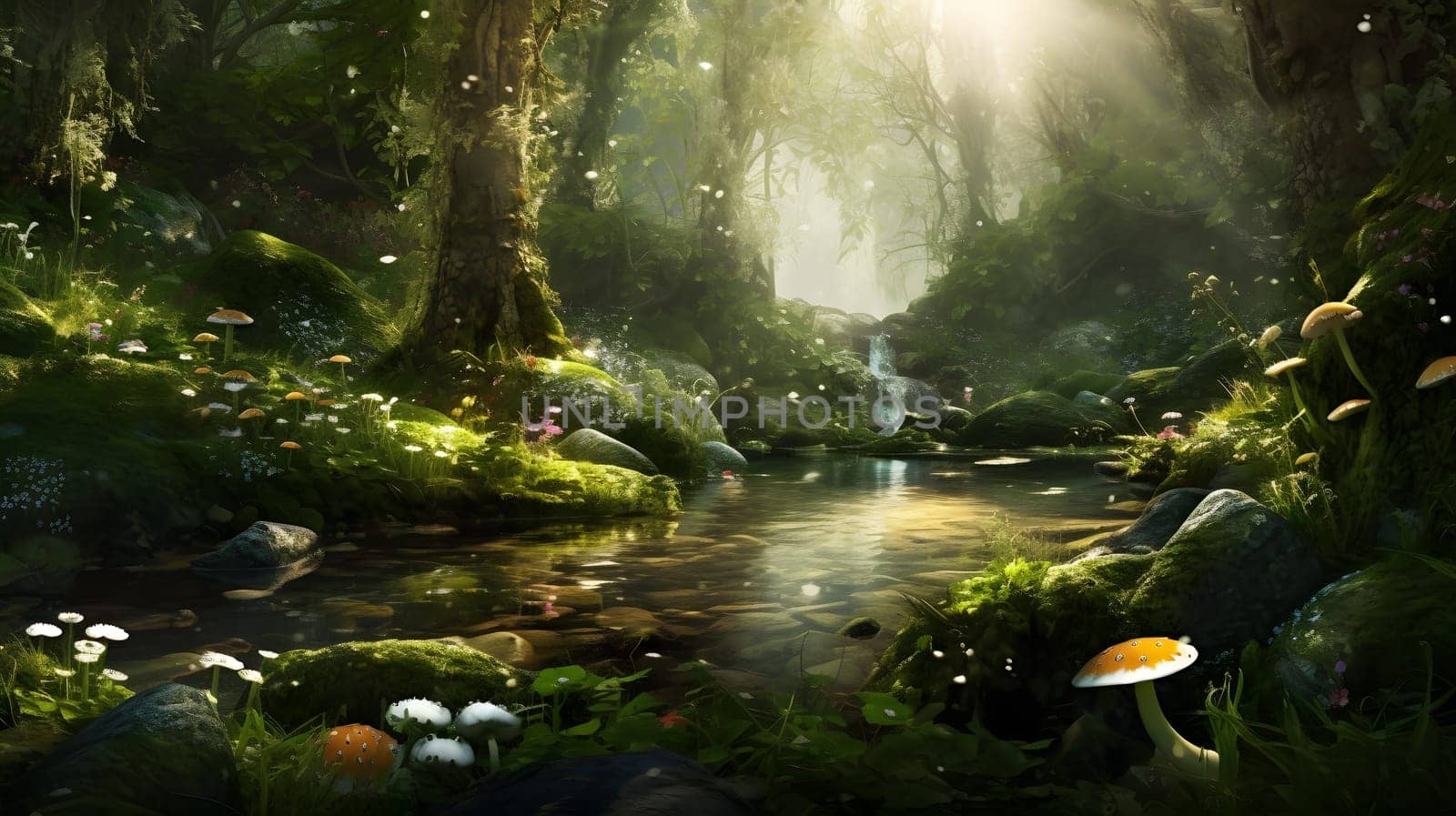 beautiful fairytale spring forest with a stream, generative ai. High quality photo