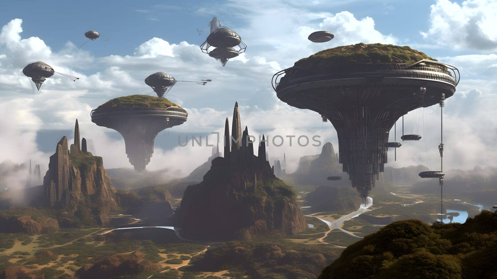 future city on flying islands, generative ai. High quality photo