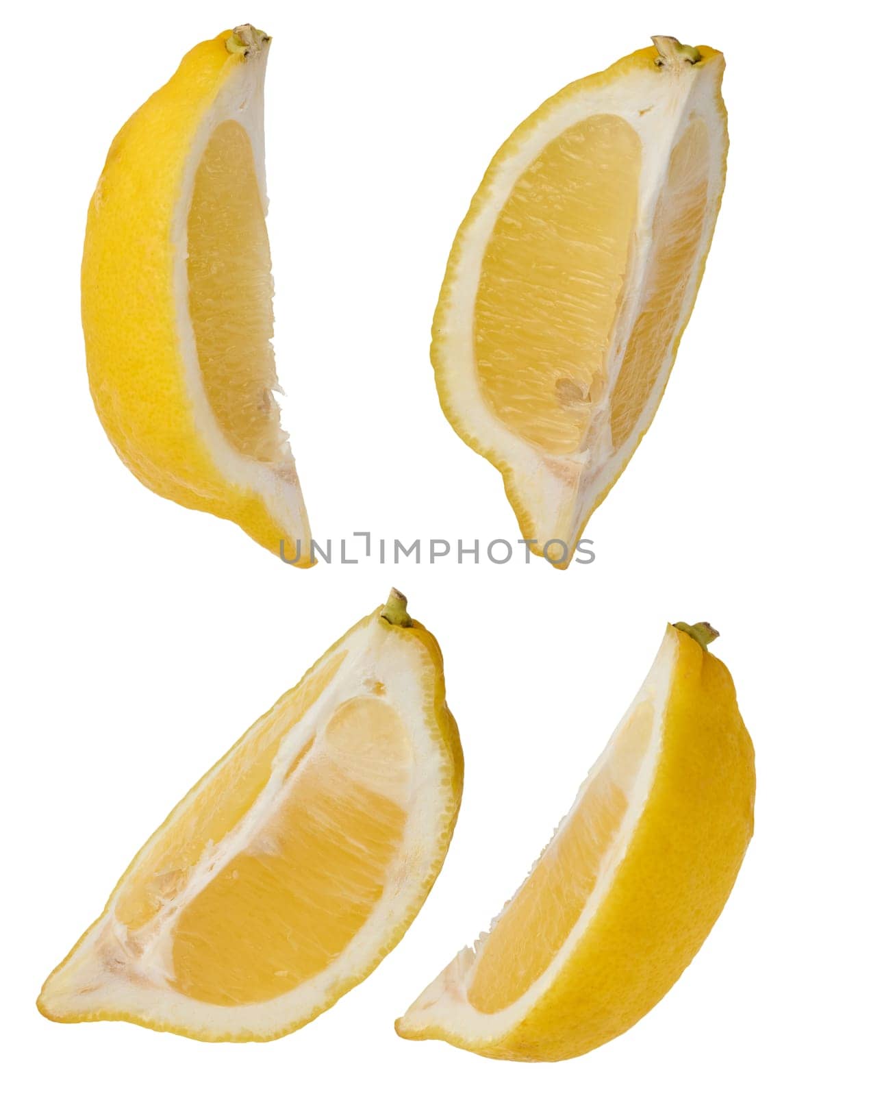 Various lemon slices on a white isolated background