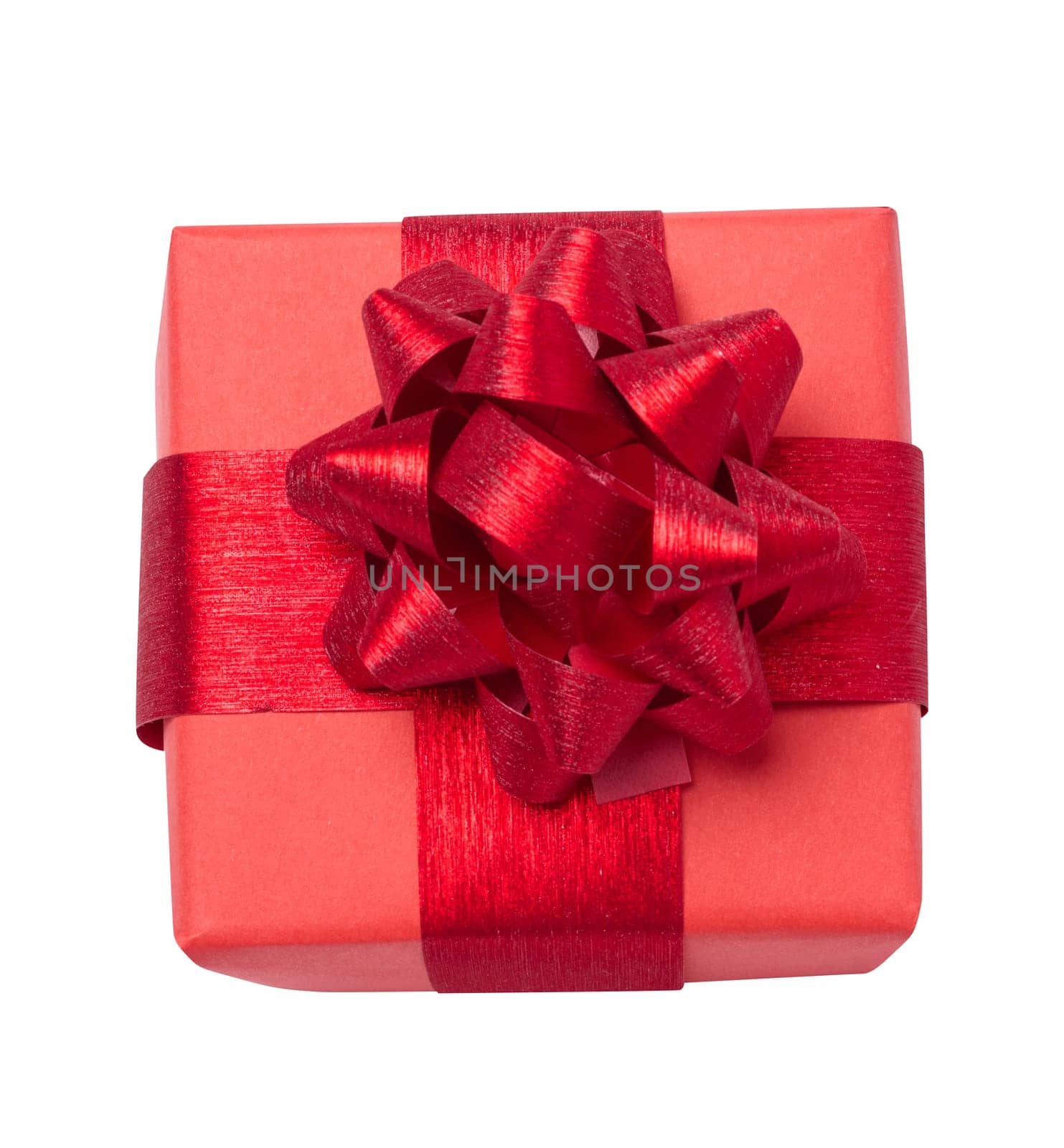 Box is wrapped in red gift wrapping and red ribbon on a white isolated background by ndanko