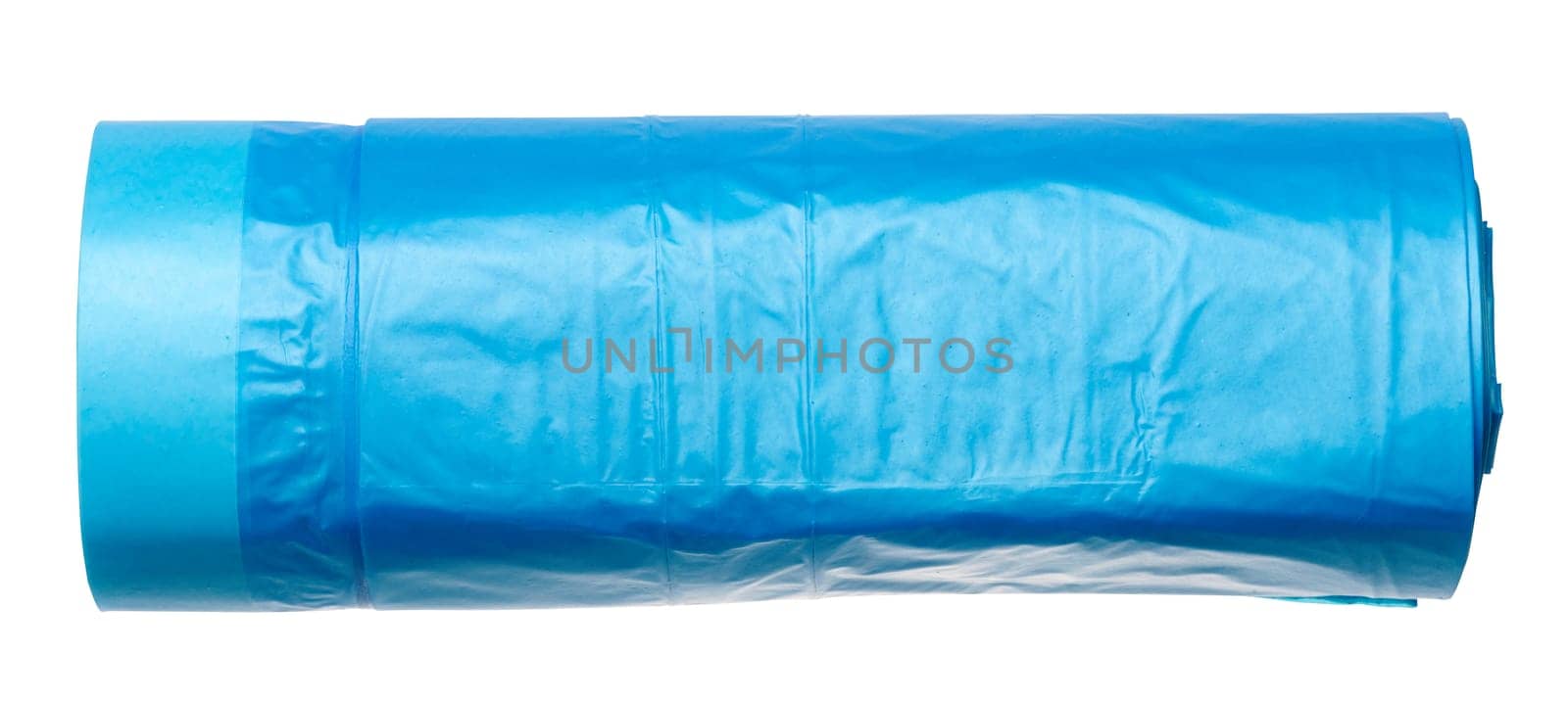 Blue plastic trash bags with strings on white background, close up