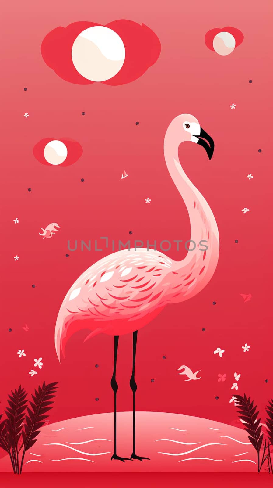A pink flamingo stands amid a whimsical red landscape with abstract clouds and playful fauna