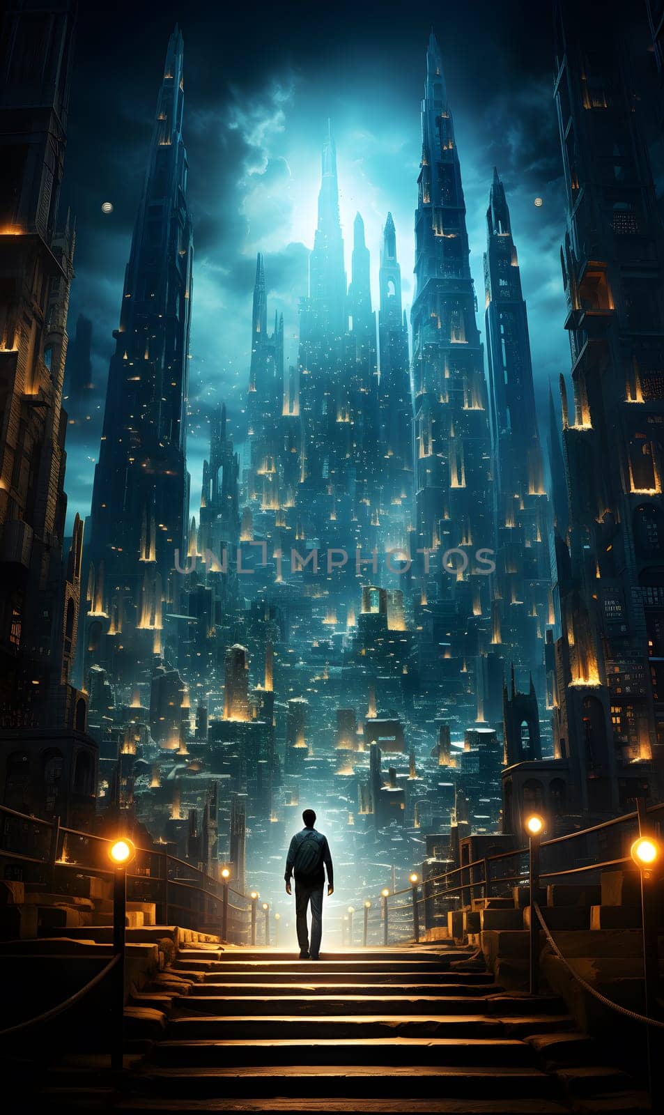 A solitary figure stands before a glowing futuristic metropolis at night - generative AI