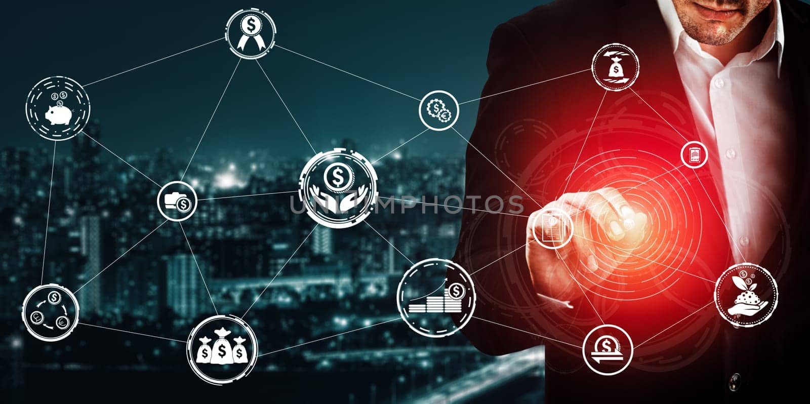 Finance and Money Transaction Technology Concept. Icon Graphic interface showing fintech trade exchange, profit statistics analysis and market analyst service in modern computer application. uds