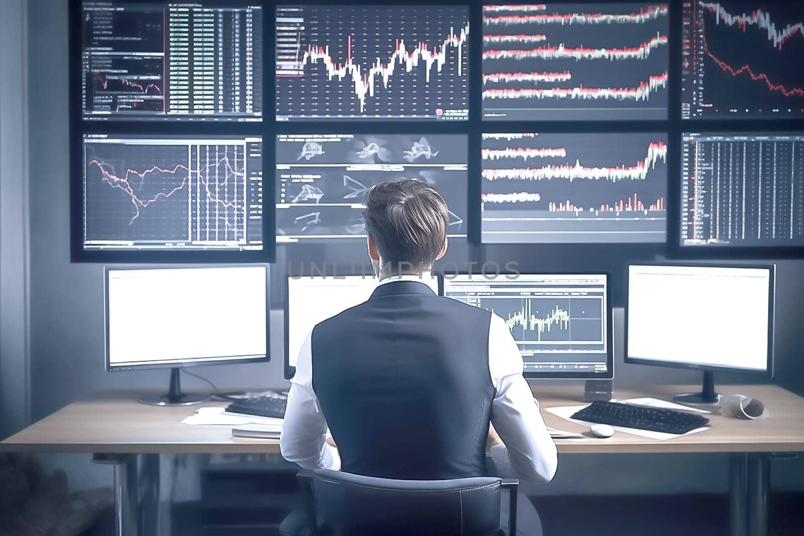 A young male financial analyst analyzes graphs on a monitor, sitting at a desk in the office, a view from the back, dressed in a white shirt and vest by claire_lucia