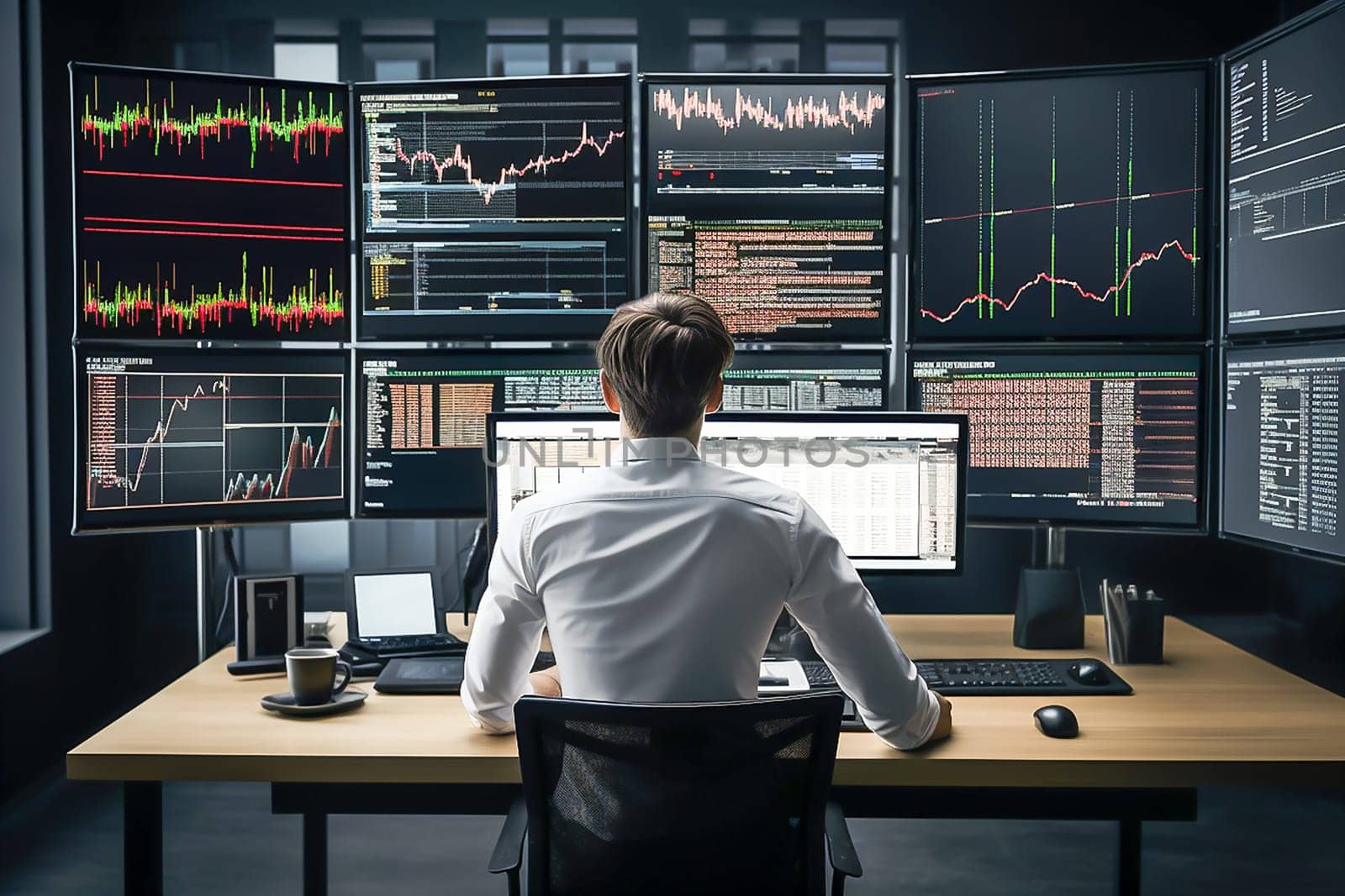 A trader of a brokerage agency trades on the stock exchange, analyzes charts on a monitor, sitting at a desk in the office, a view from the back, dressed in a white shirt.