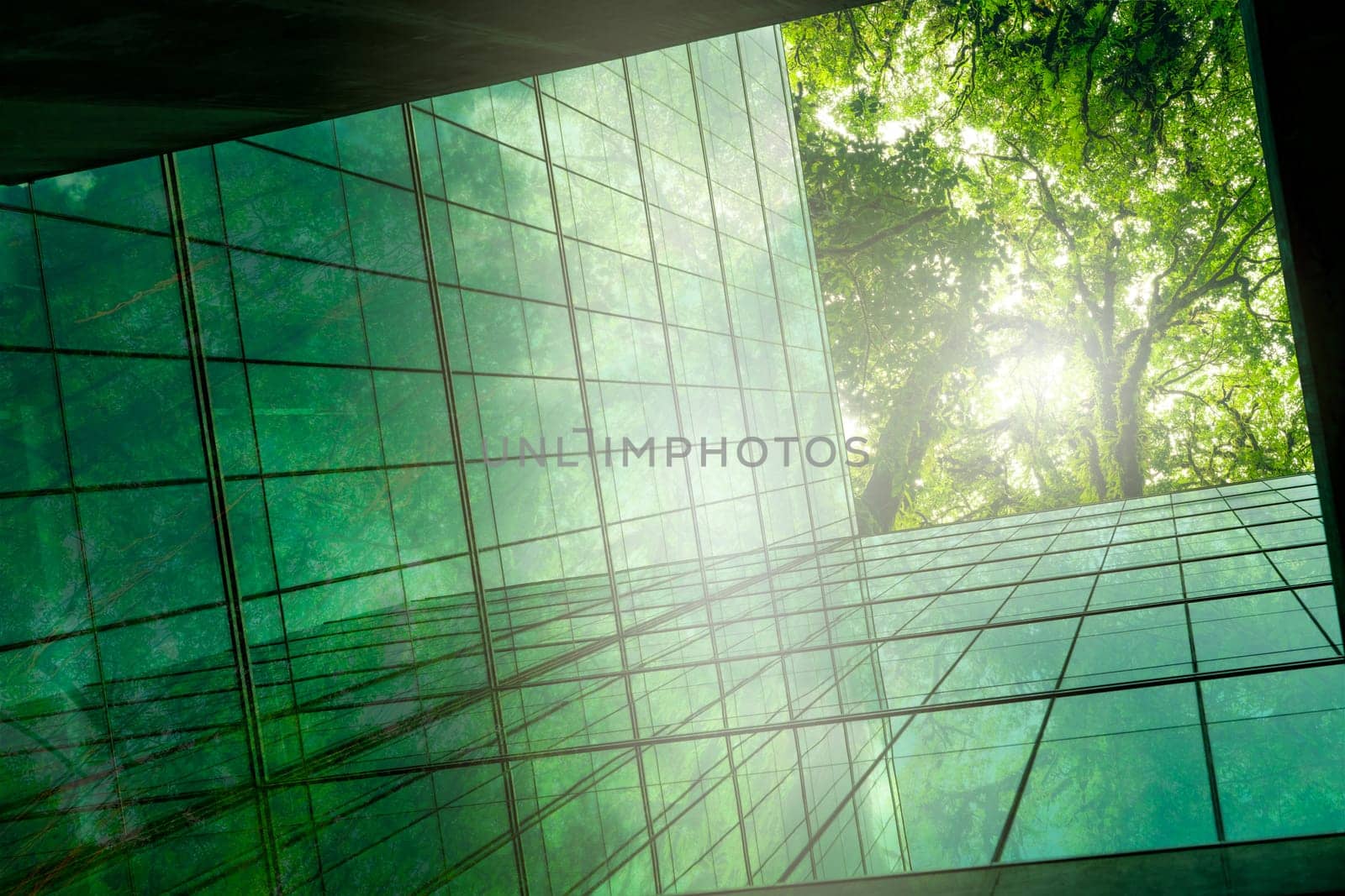 Eco-friendly building in modern city. Sustainable glass office building with trees for reducing CO2. Green architecture. Building with green environment. Sustainability corporate. Net zero emissions. by Fahroni