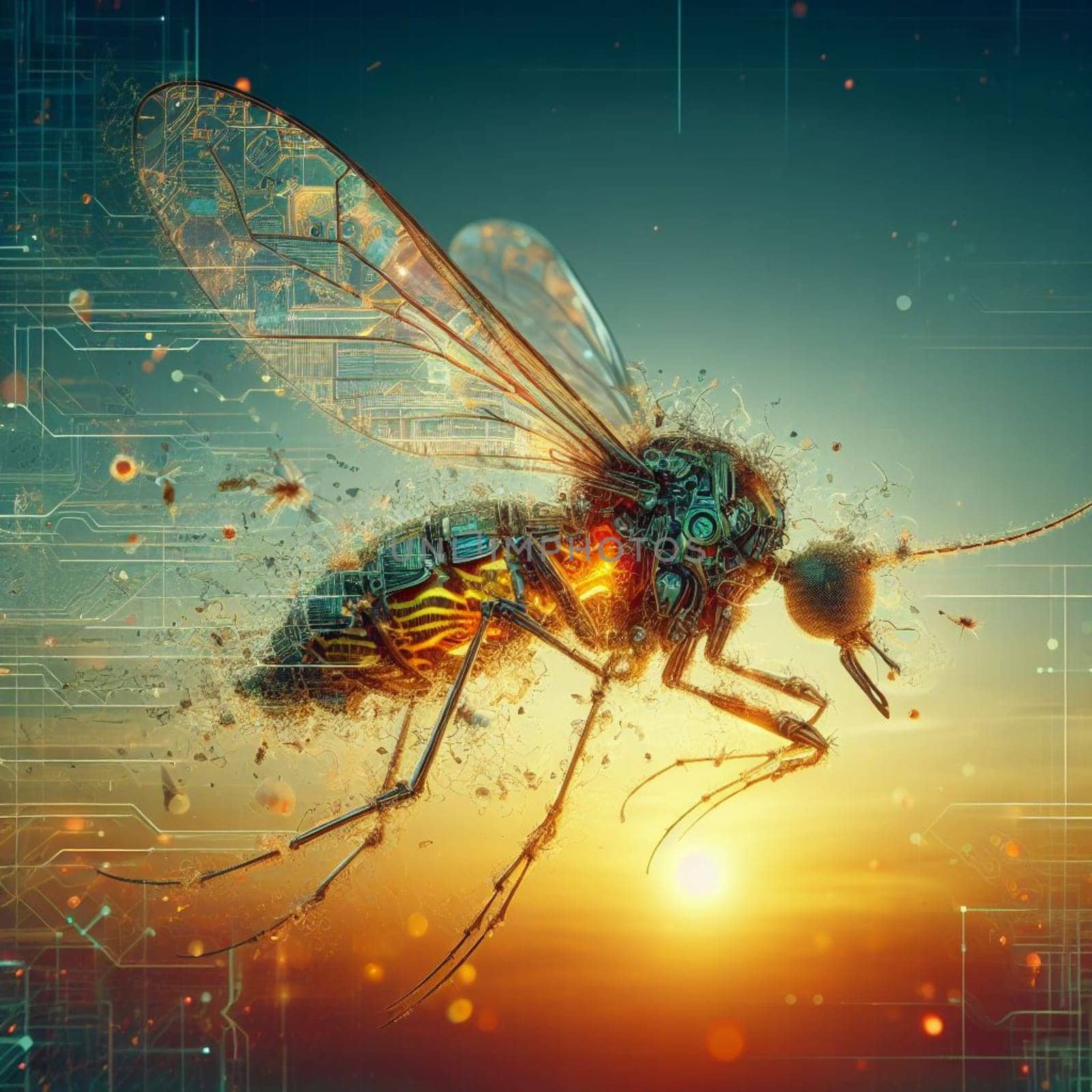 genetically modified macro closeup of nano robot engineered weapon mosquito in action concept design depopulation evil plan generative ai art