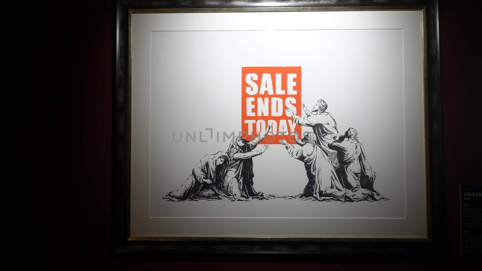 Stockholm, Sweden, December 29 2023. Art exhibition. The mystery of Banksy A genius mind. Sale ends.