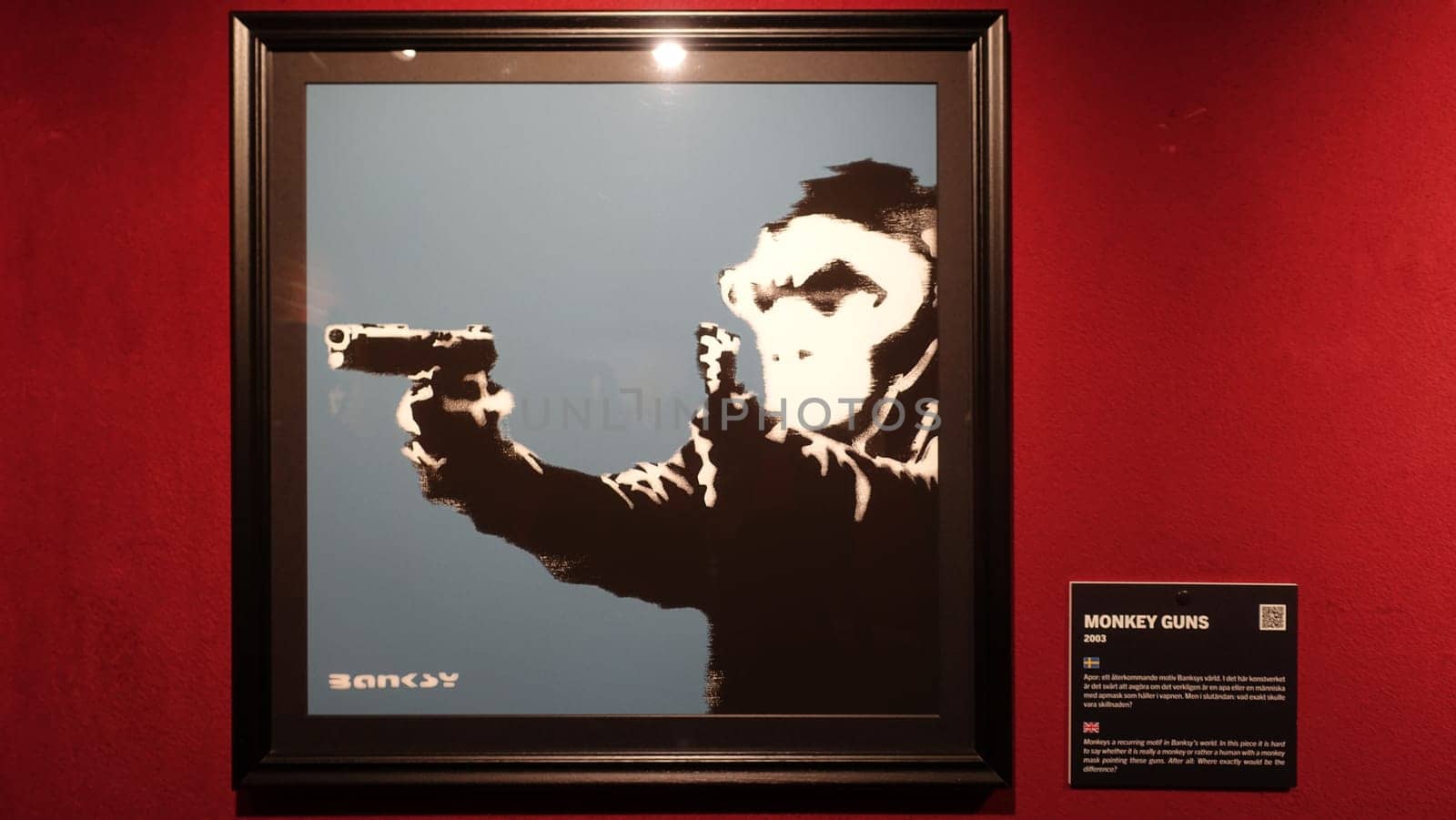 Stockholm, Sweden, December 29 2023. Art exhibition. The mystery of Banksy A genius mind. Monkey guns.