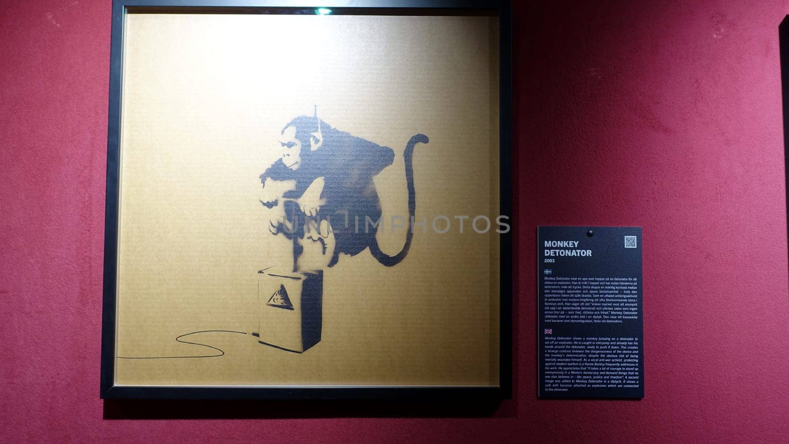 Stockholm, Sweden, December 29 2023. Art exhibition. The mystery of Banksy A genius mind. Detonator.