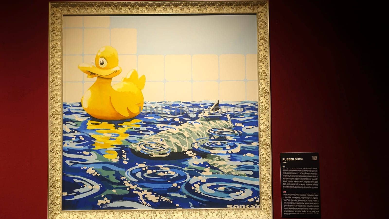 Stockholm, Sweden, December 29 2023. Art exhibition. The mystery of Banksy A genius mind. Duck.