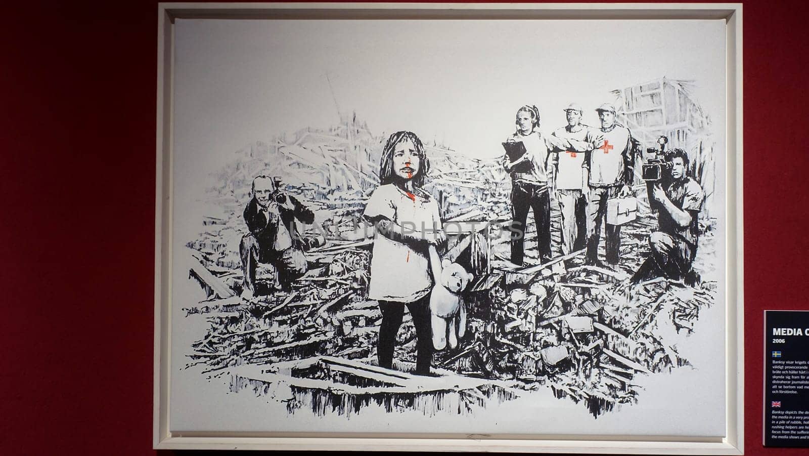 Stockholm, Sweden, December 29 2023. Art exhibition. The mystery of Banksy A genius mind. Rubble.