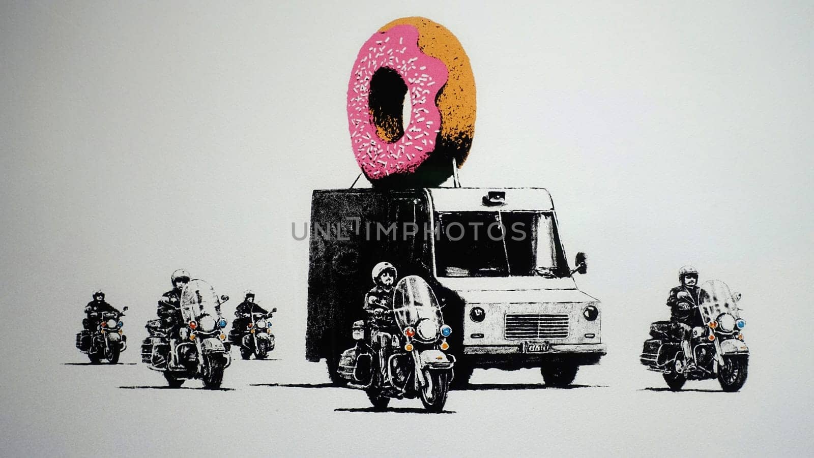 Stockholm, Sweden, December 29 2023. Art exhibition. The mystery of Banksy A genius mind. Donut.