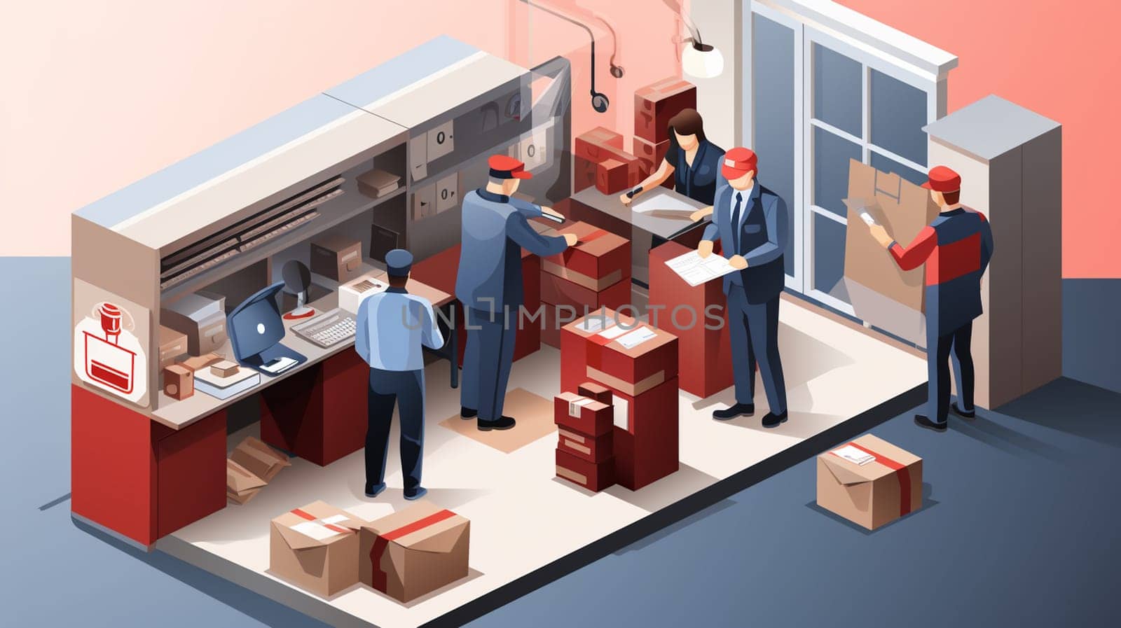 Isometric view of a Warehouse,The transport vehicle uses a robot and human . ,pick up the goods. using automation in product management ,Cartons waiting to be load,Warehouse and Technology. High quality photo