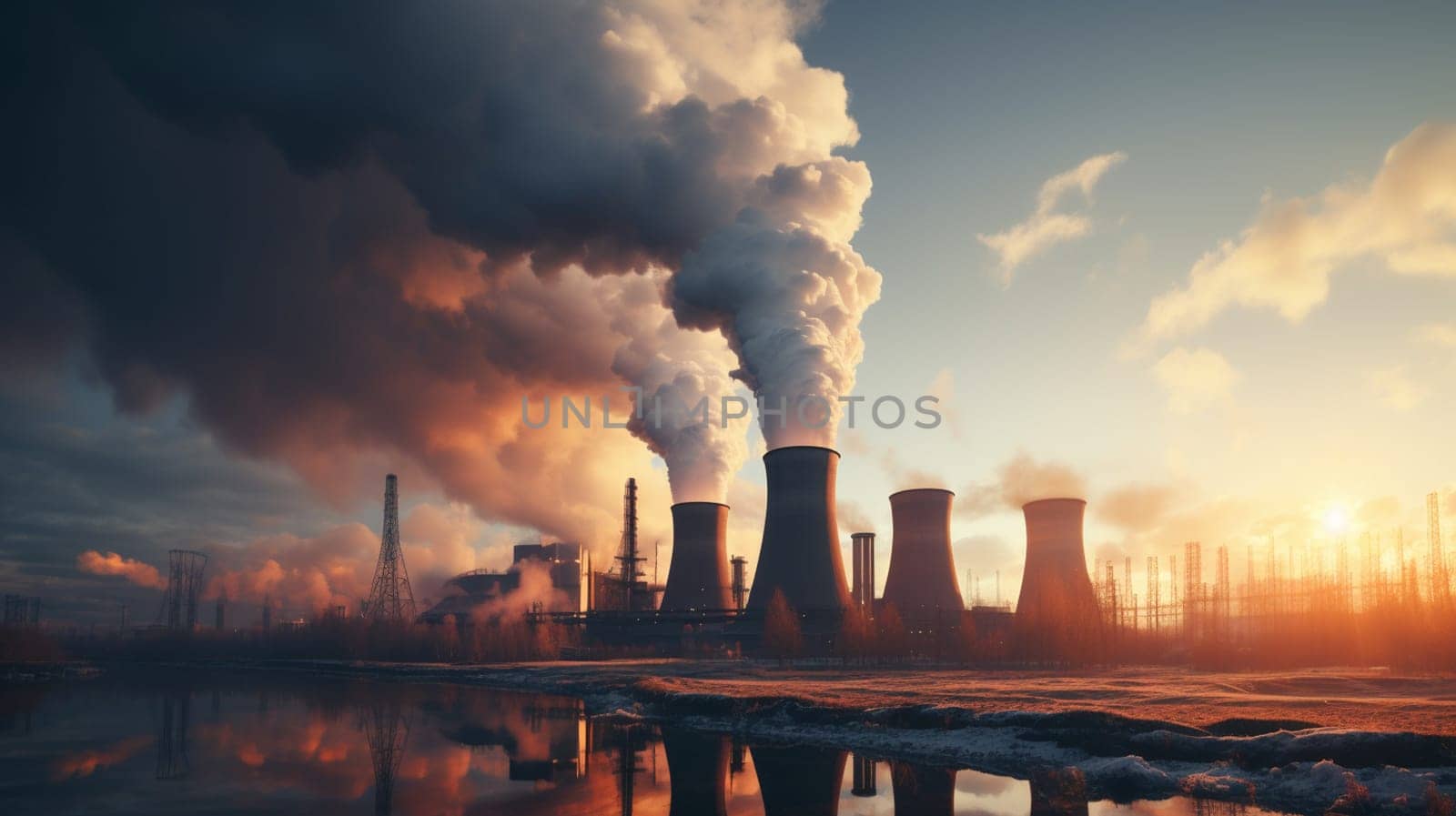 Illustration of industrial pollution as environmental disaster with smoke and fire. High quality photo