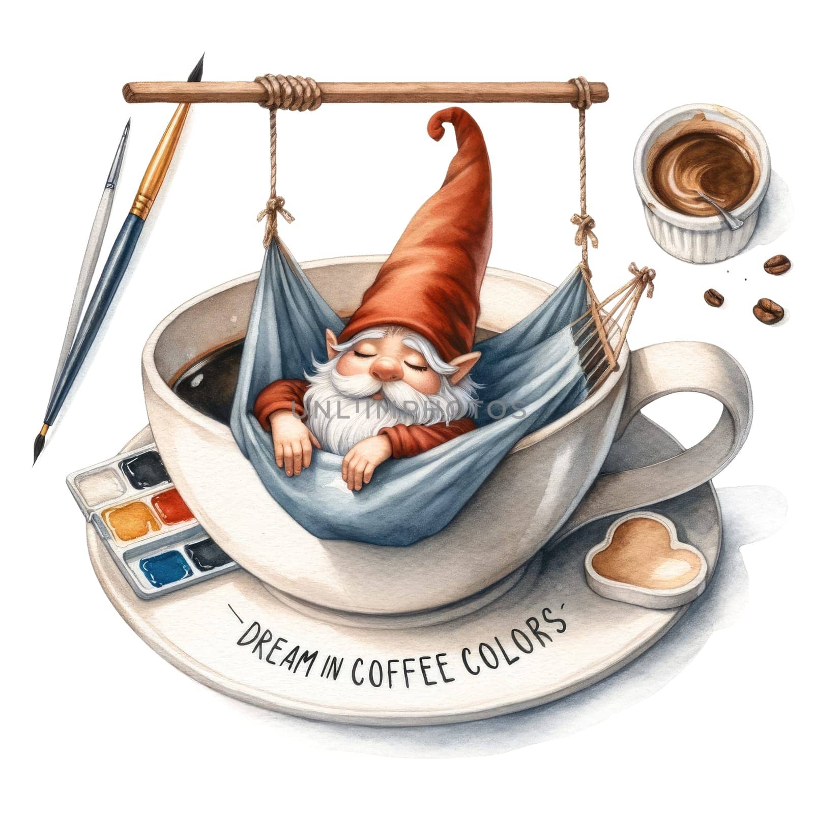Watercolor coffee gnomes isolated on white background. Cute gnome greeting card. Vellichor.