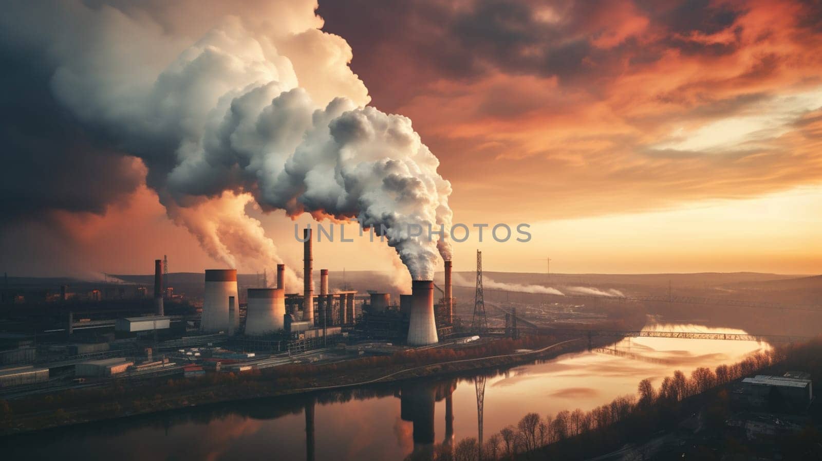 Illustration of industrial pollution as environmental disaster with smoke and fire. High quality photo